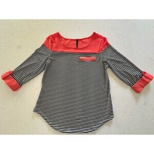 Ashley Blue Knit Blouse L 3/4 Sleeve Striped black/white/coral